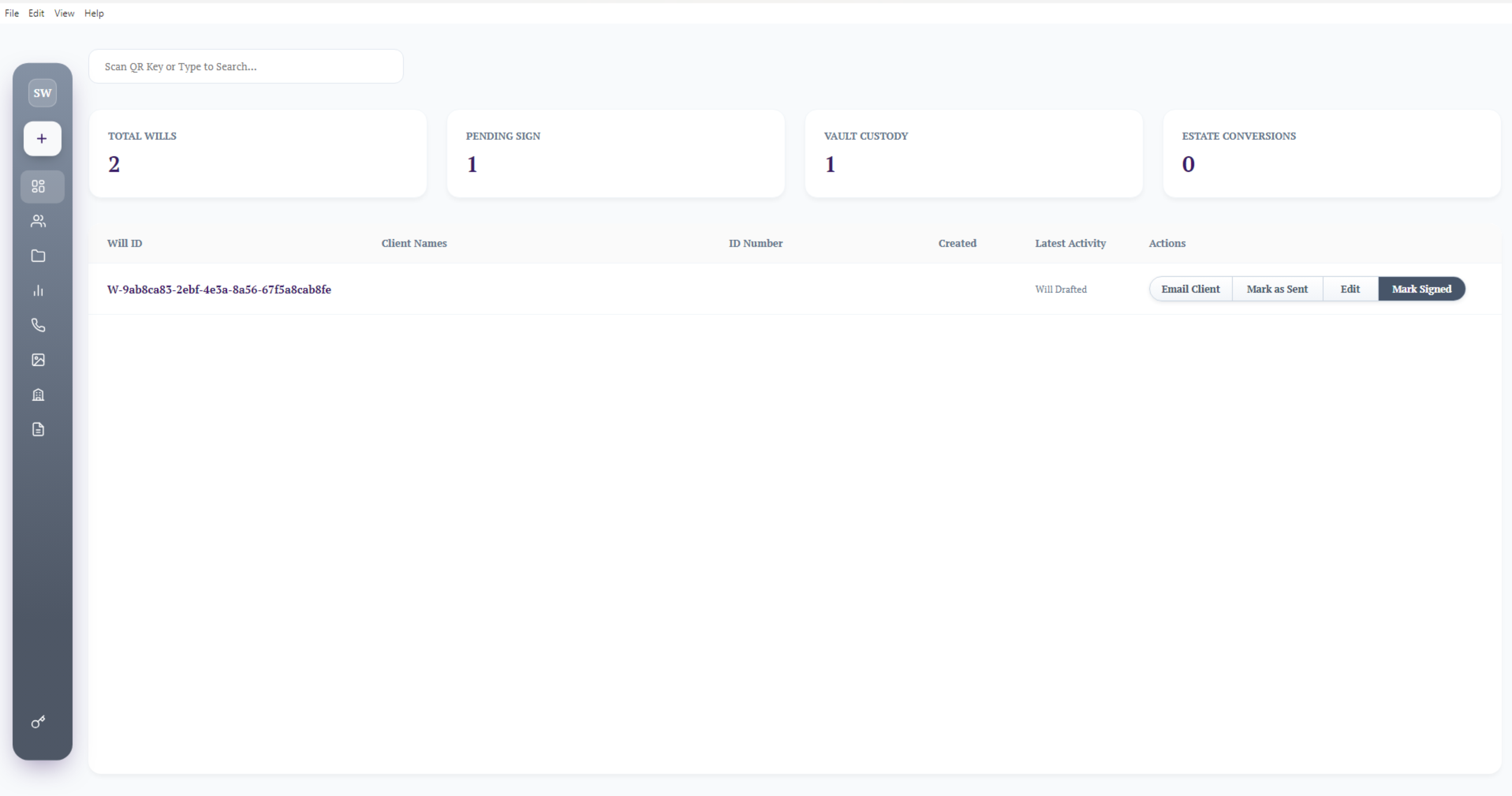 The SimplyWill master dashboard showing total Wills, pending signatures, vault custody and estate conversions